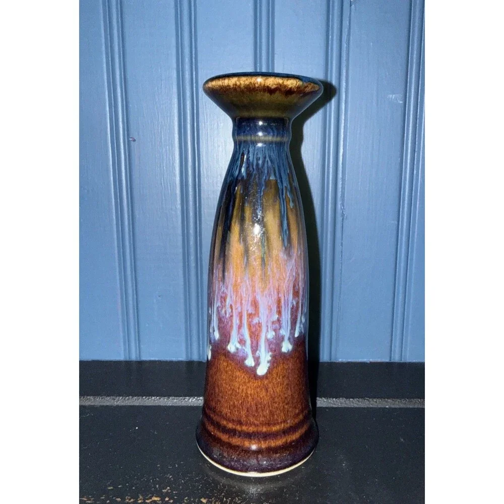 Bill Campbell Studio Art Pottery Flower Bud Vase Blue Brown Signed 6.5” EUC